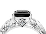 White gold Fancy Black Princess Cut Solitaire Diamond Leaf-Inspired Vine Band Ring with Prong Setting_4