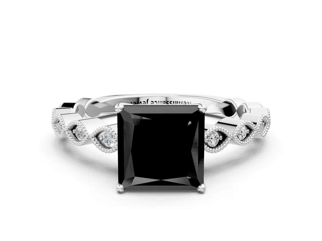 White gold Fancy Black Princess Cut Solitaire Diamond Ring with Infinity Twist Band and Four-Prong Setting