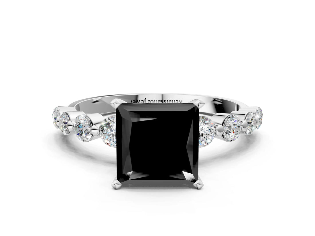 White gold Fancy Black Princess Cut Solitaire Diamond Ring with Pave Band and Four-Prong Setting