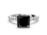 White gold Fancy Black Princess Cut Solitaire Diamond Ring with Pave Band and Four-Prong Setting