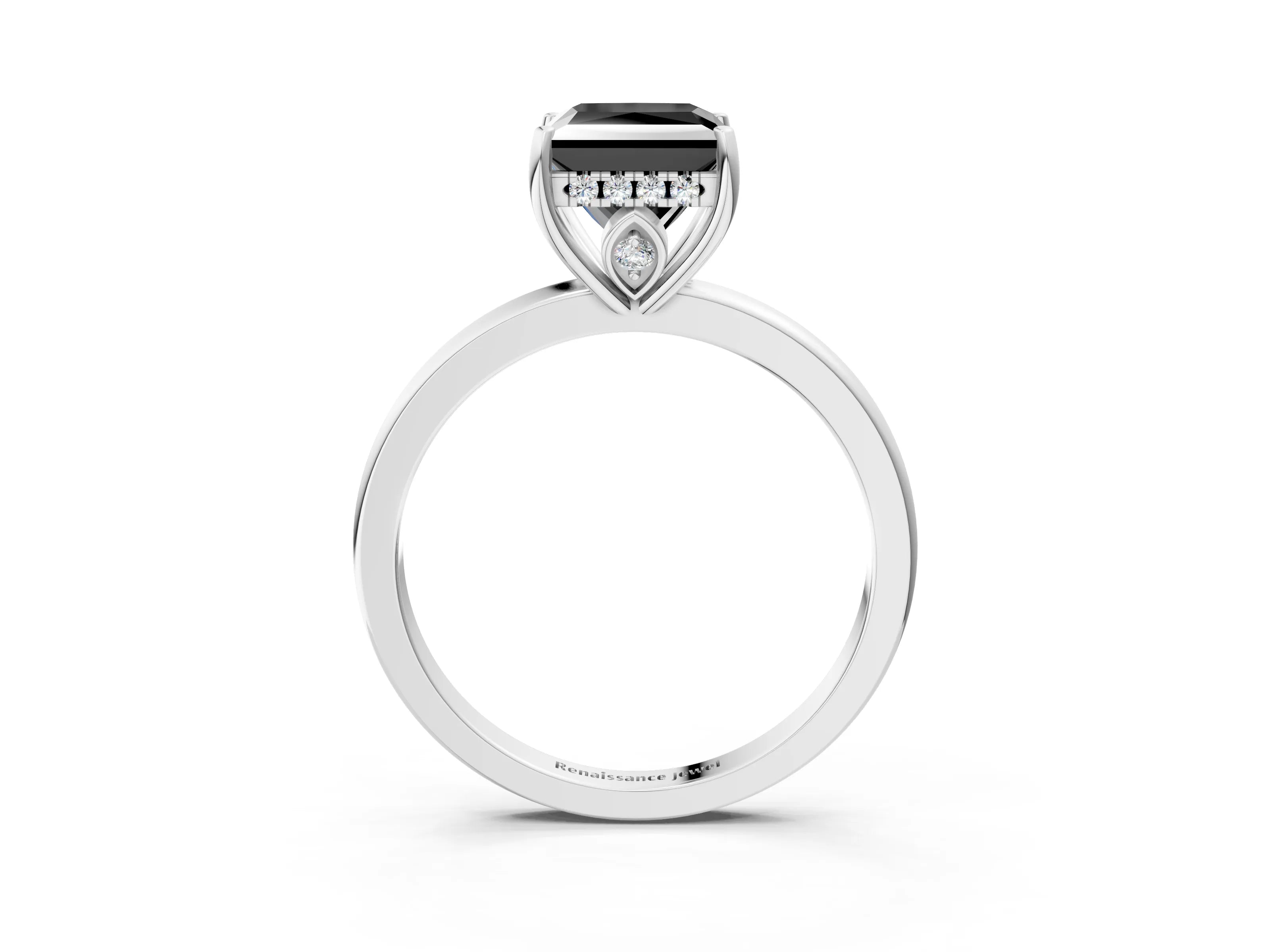 White gold Fancy Black Princess Cut Solitaire Diamond Ring with Prong Setting and Plain Band_15