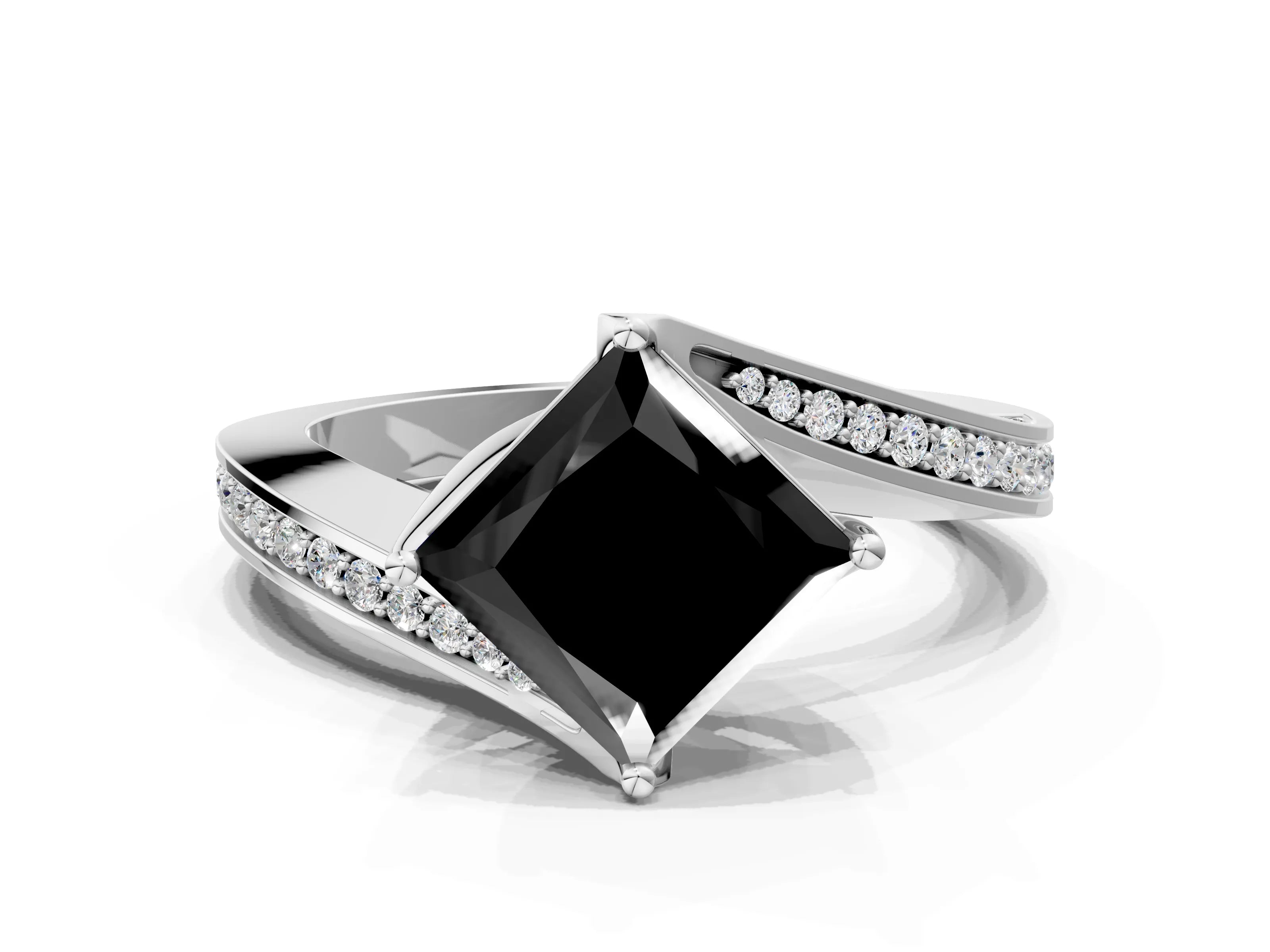 White gold Fancy Black Princess Cut Solitaire Diamond Twist Band with Pavé Setting and Four-Prong Setting