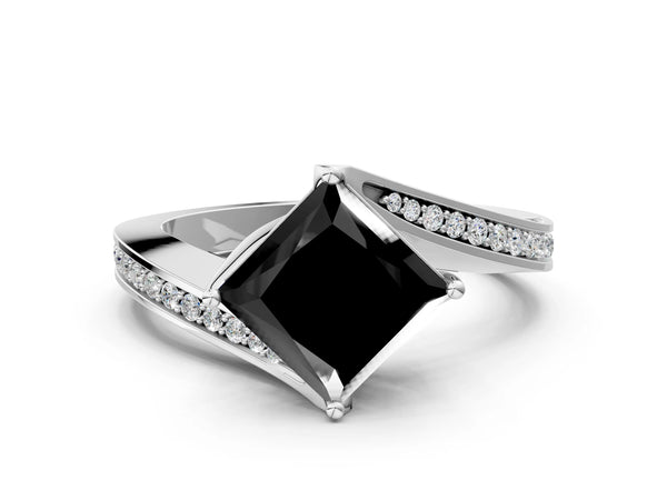 Platinum Princess Cut Bypass Solitaire Engagement Ring Setting for Black Center with Swirl Pave Band