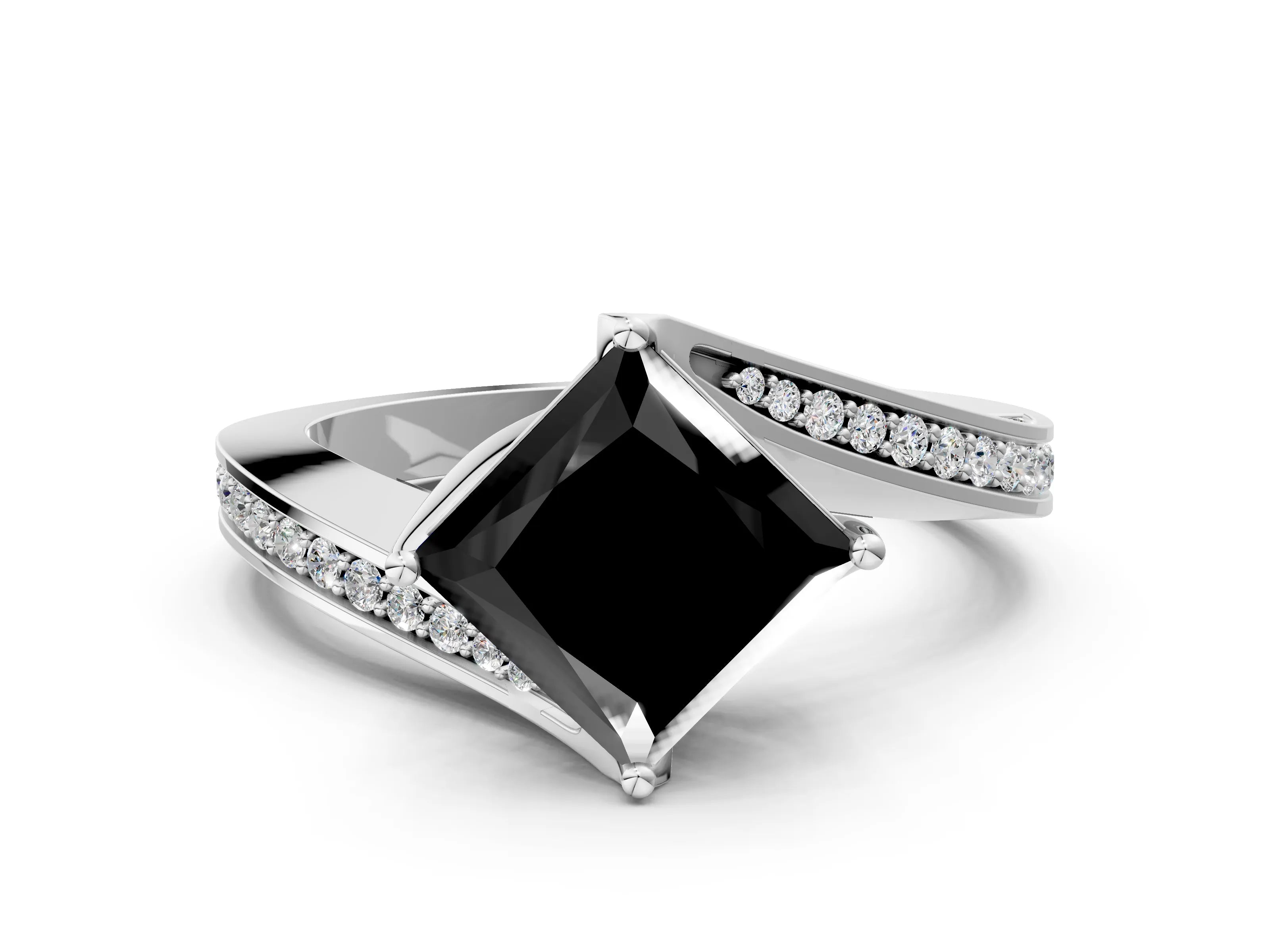 White gold Fancy Black Princess Cut Solitaire Diamond Twist Band with Pavé Setting and Four-Prong Setting_12
