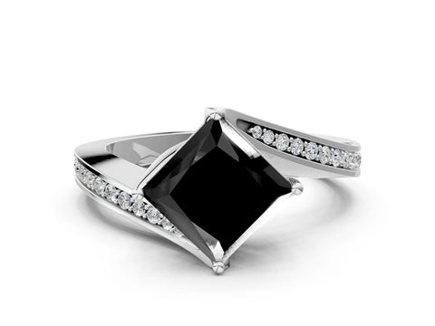 White gold Fancy Black Princess Cut Solitaire Diamond Twist Band with Pavé Setting and Four-Prong Setting_12