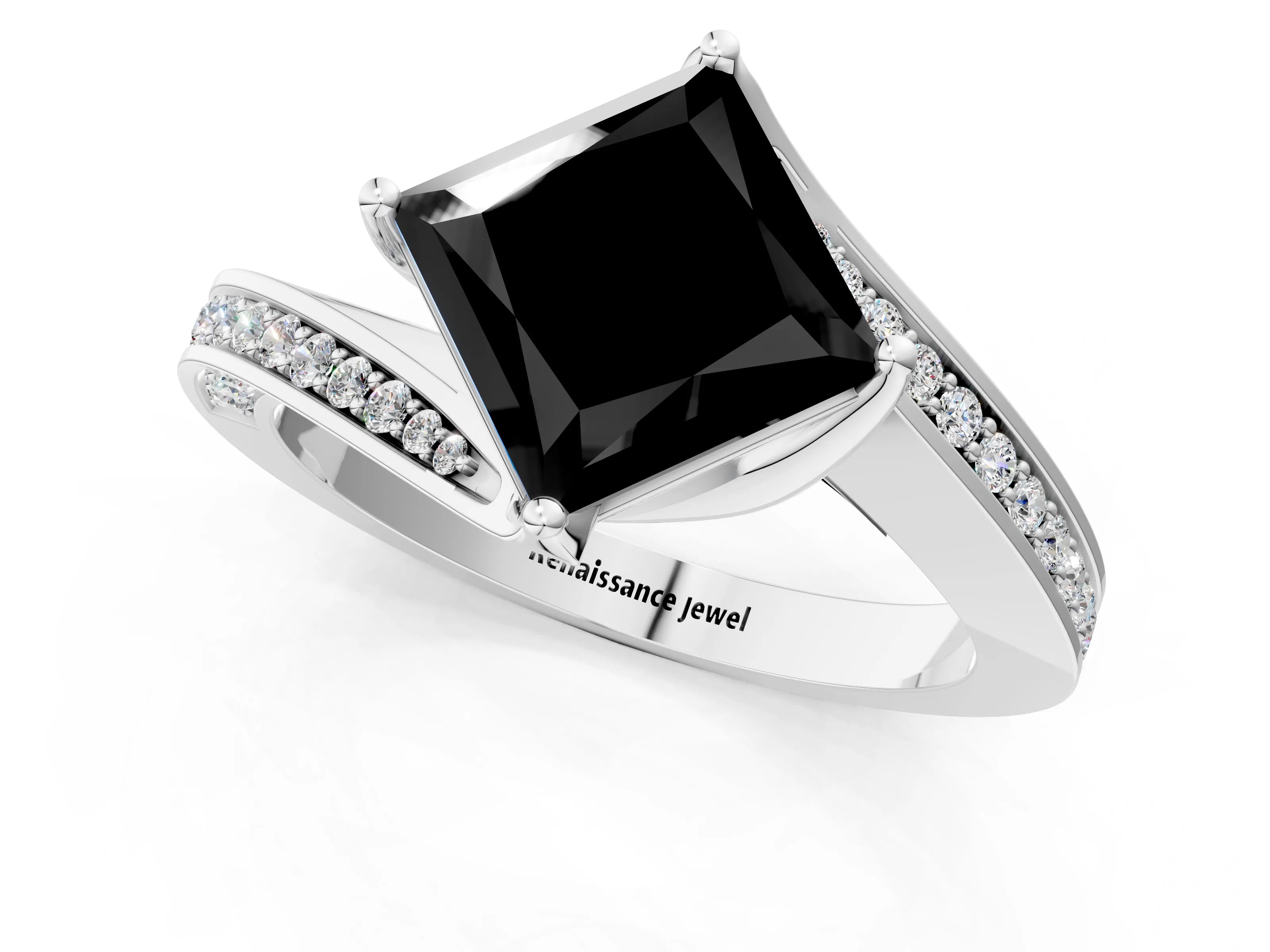White gold Fancy Black Princess Cut Solitaire Diamond Twist Band with Pavé Setting and Four-Prong Setting_13