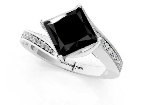 White gold Fancy Black Princess Cut Solitaire Diamond Twist Band with Pavé Setting and Four-Prong Setting_13