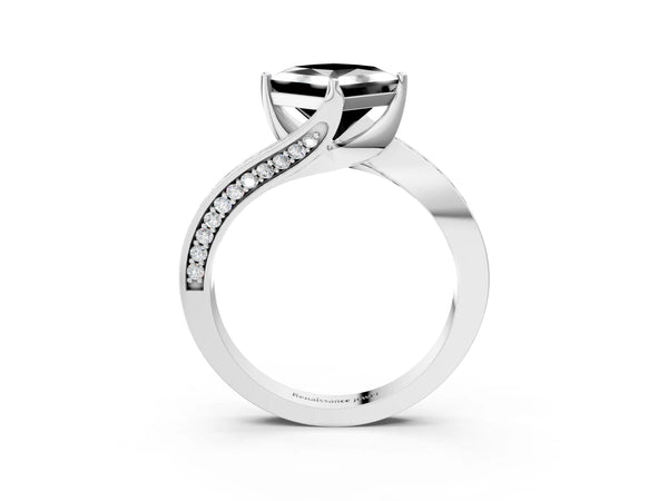Platinum Princess Cut Bypass Solitaire Engagement Ring Setting for Black Center with Swirl Pave Band
