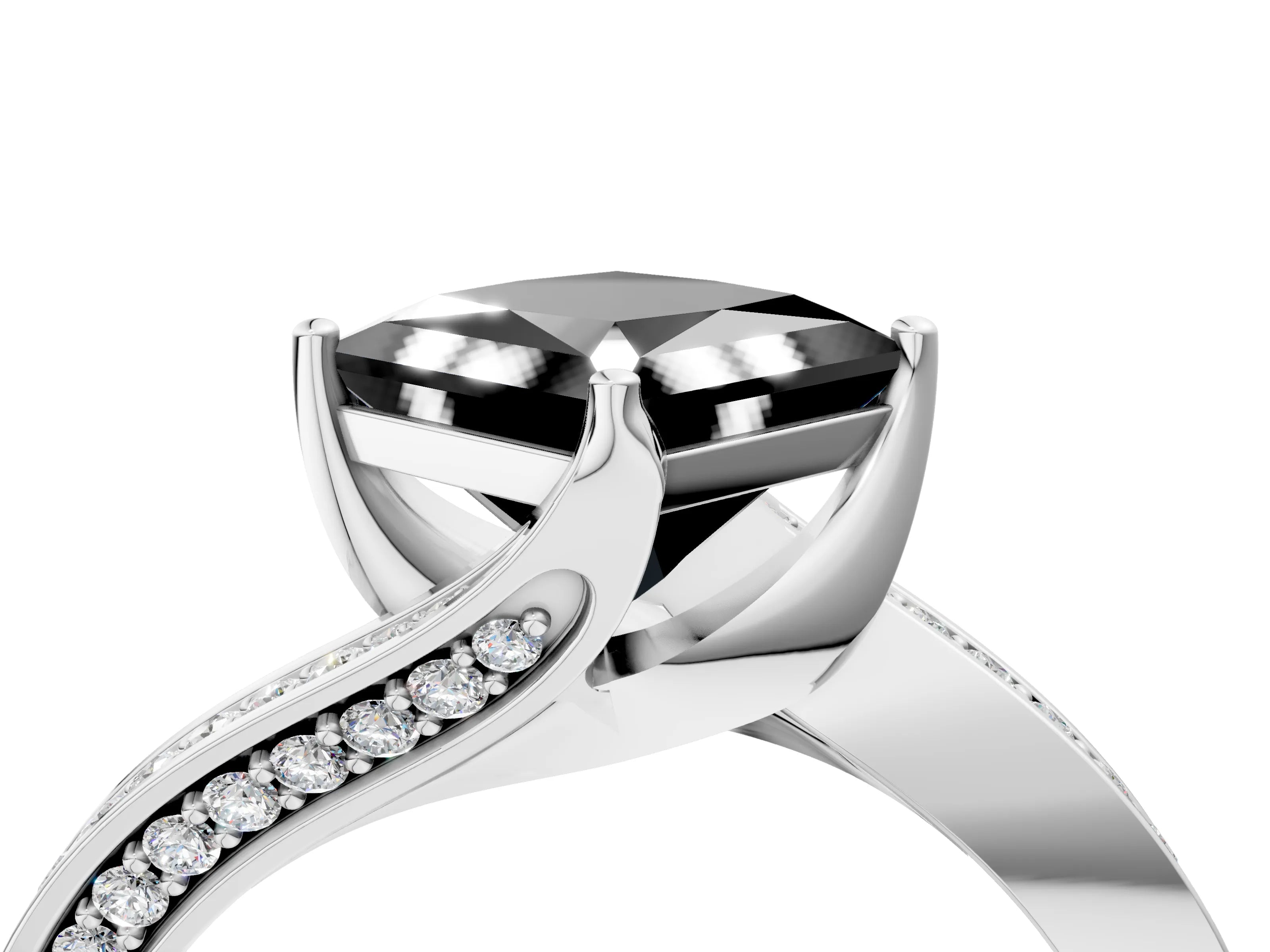 White gold Fancy Black Princess Cut Solitaire Diamond Twist Band with Pavé Setting and Four-Prong Setting_16