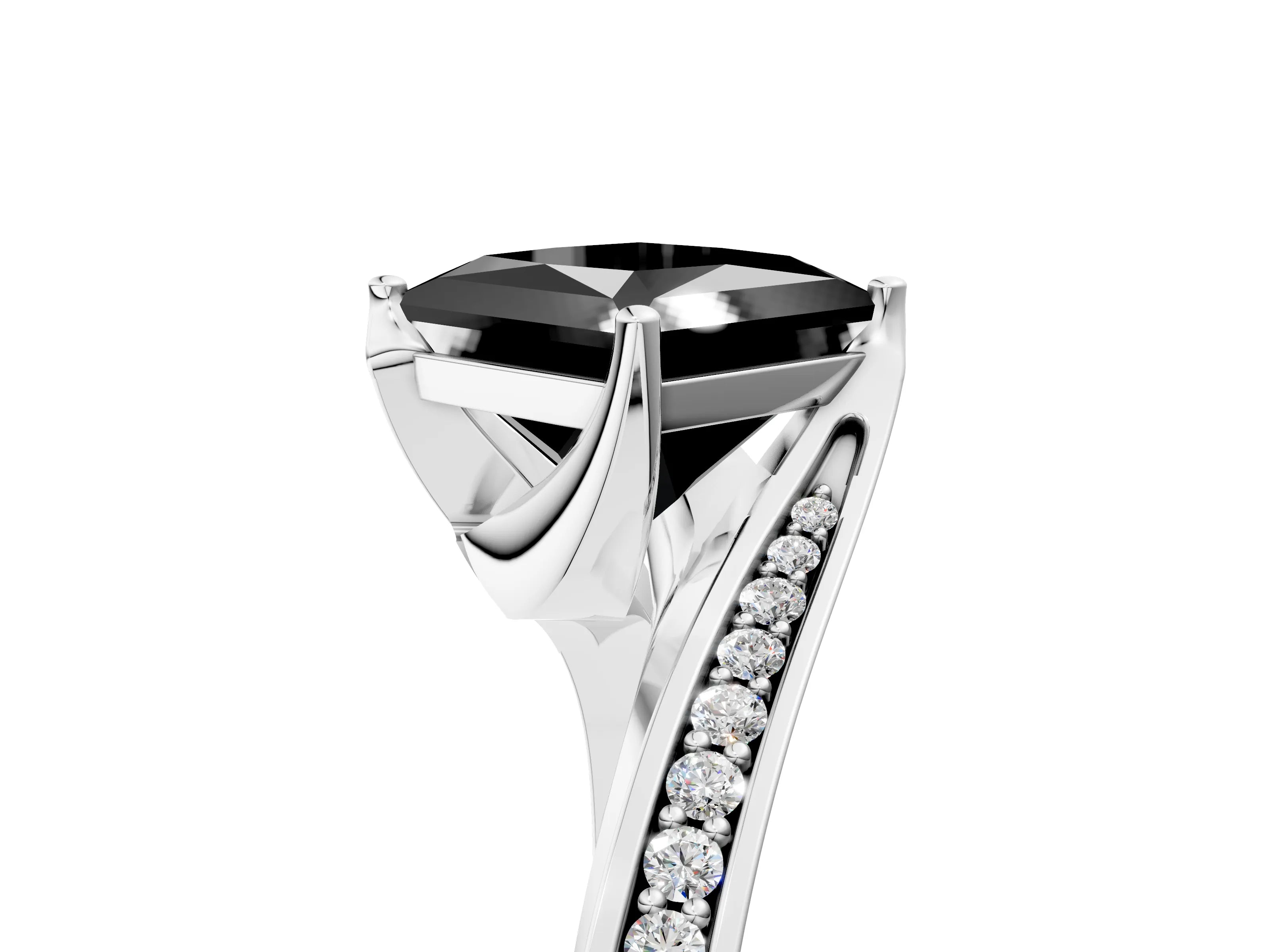 White gold Fancy Black Princess Cut Solitaire Diamond Twist Band with Pavé Setting and Four-Prong Setting_17