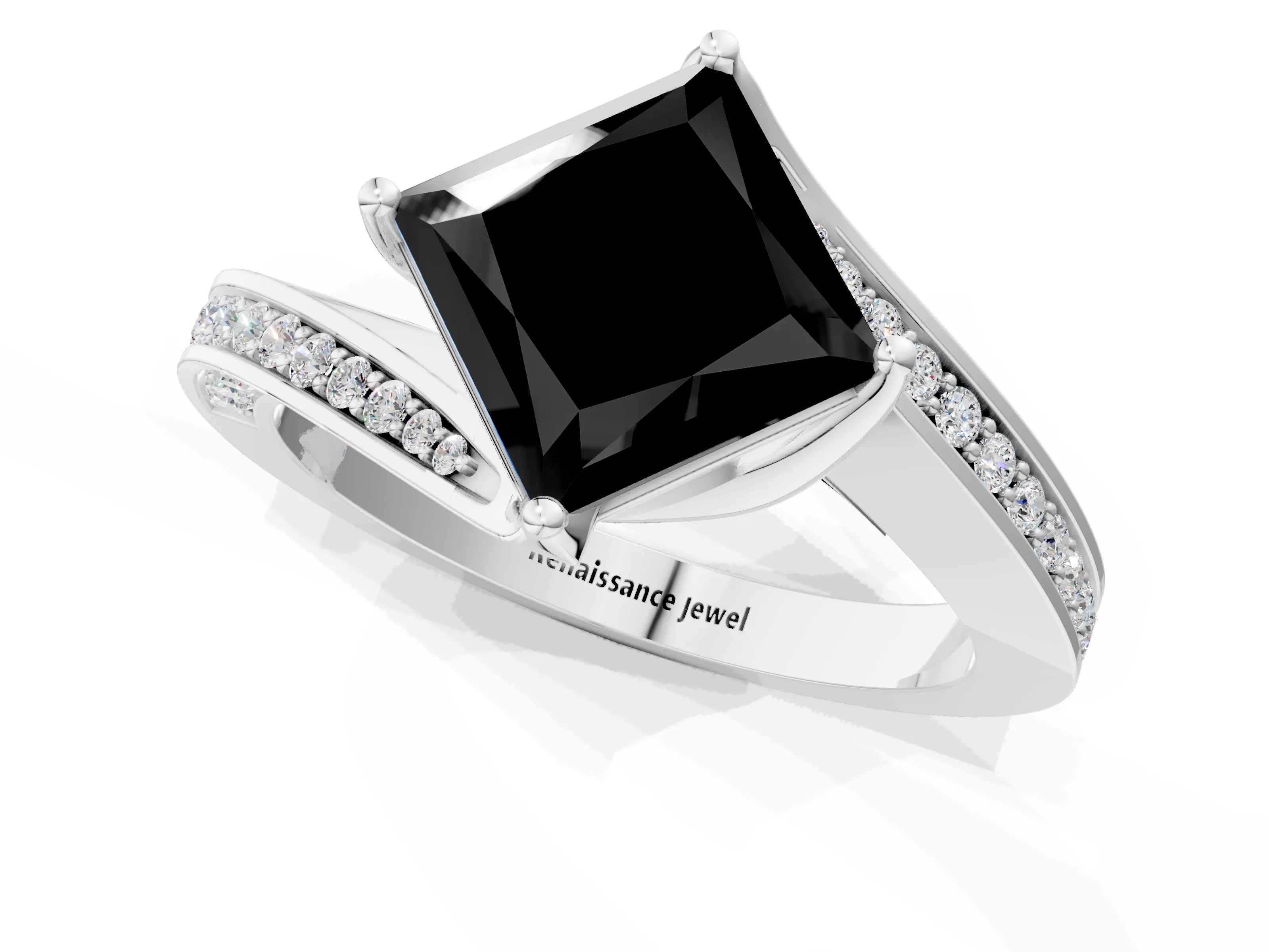 White gold Fancy Black Princess Cut Solitaire Diamond Twist Band with Pavé Setting and Four-Prong Setting_1