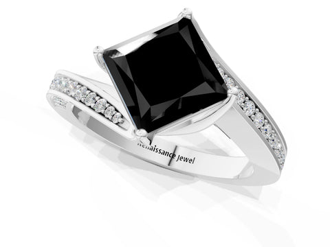 White gold Fancy Black Princess Cut Solitaire Diamond Twist Band with Pavé Setting and Four-Prong Setting_1