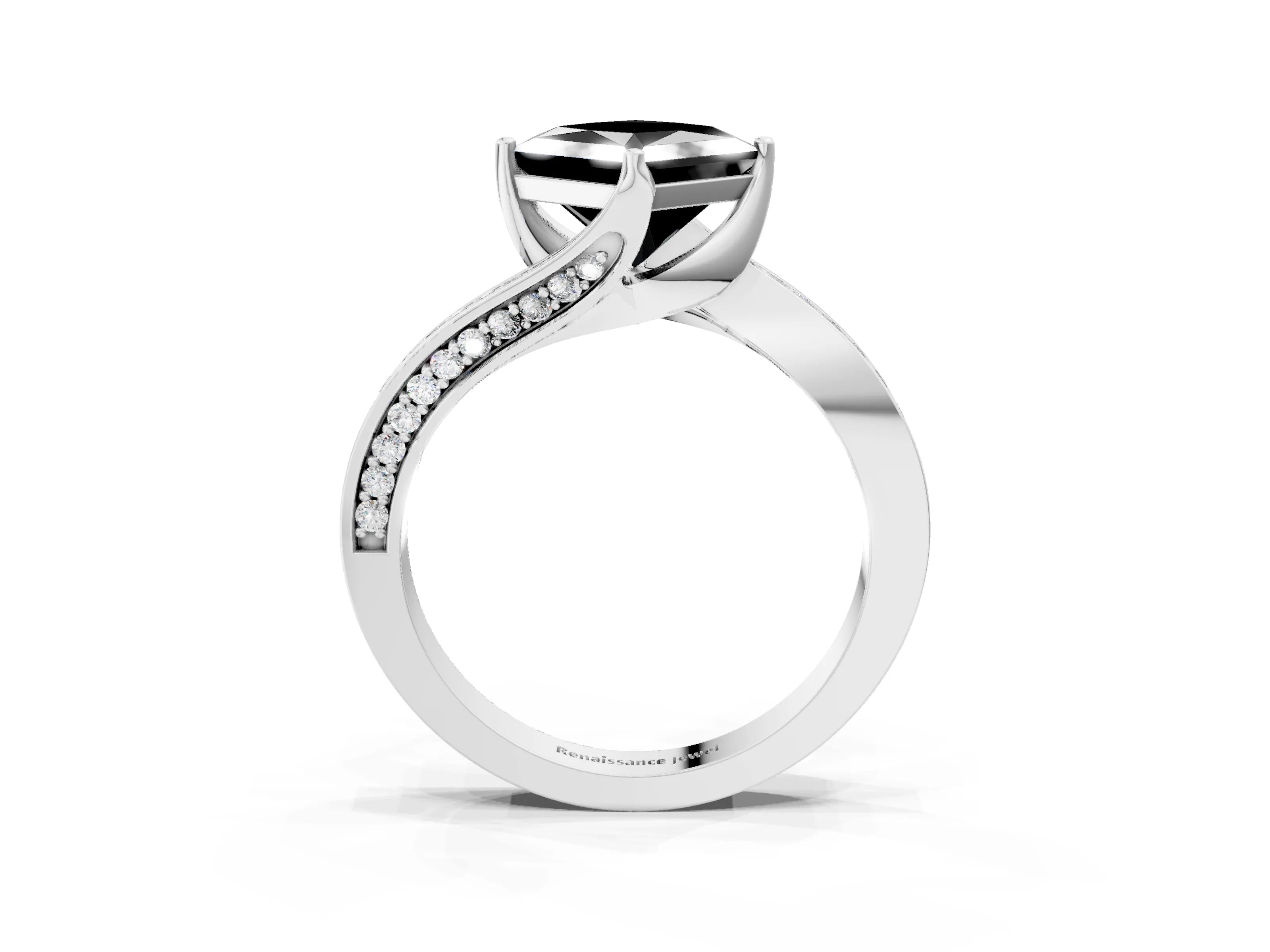 White gold Fancy Black Princess Cut Solitaire Diamond Twist Band with Pavé Setting and Four-Prong Setting_3