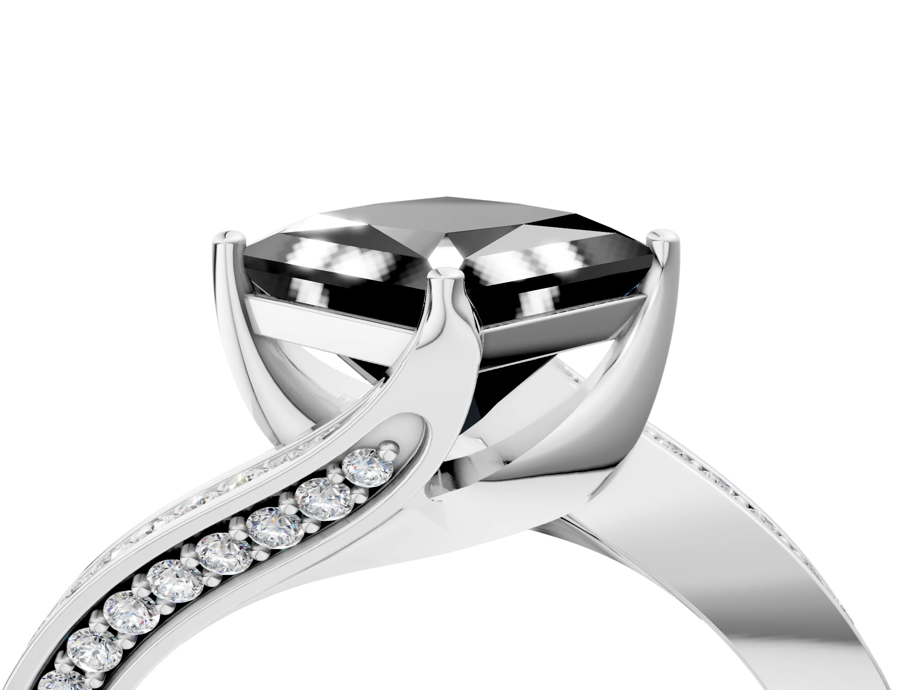 White gold Fancy Black Princess Cut Solitaire Diamond Twist Band with Pavé Setting and Four-Prong Setting_4