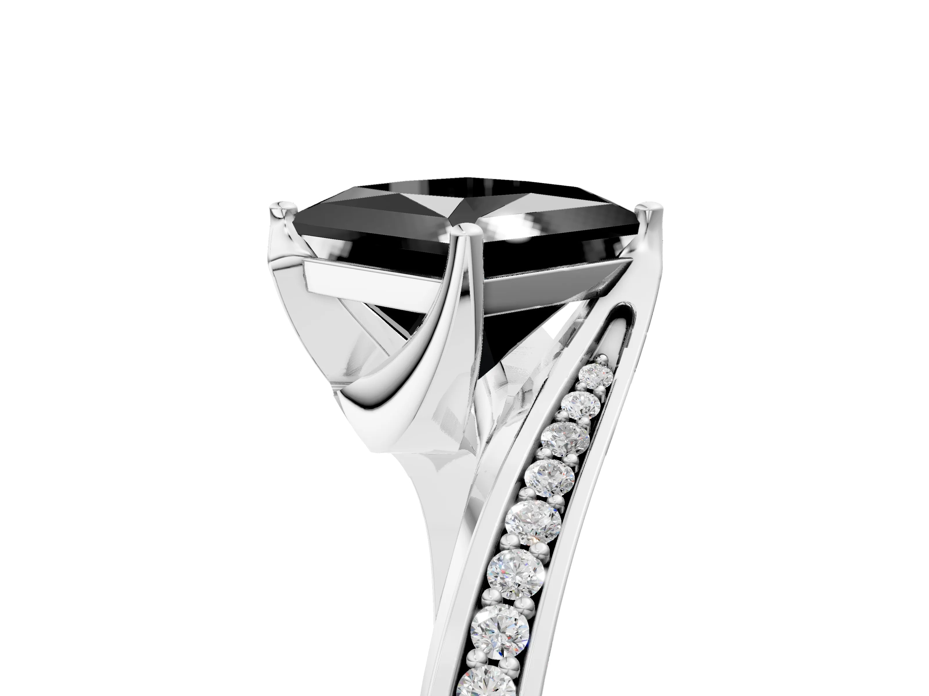 White gold Fancy Black Princess Cut Solitaire Diamond Twist Band with Pavé Setting and Four-Prong Setting_5