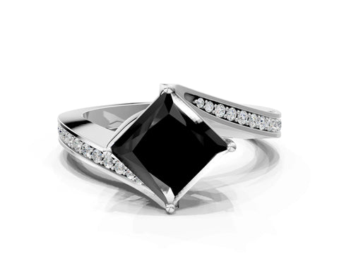 White gold Fancy Black Princess Cut Solitaire Diamond Twist Band with Pavé Setting and Four-Prong Setting
