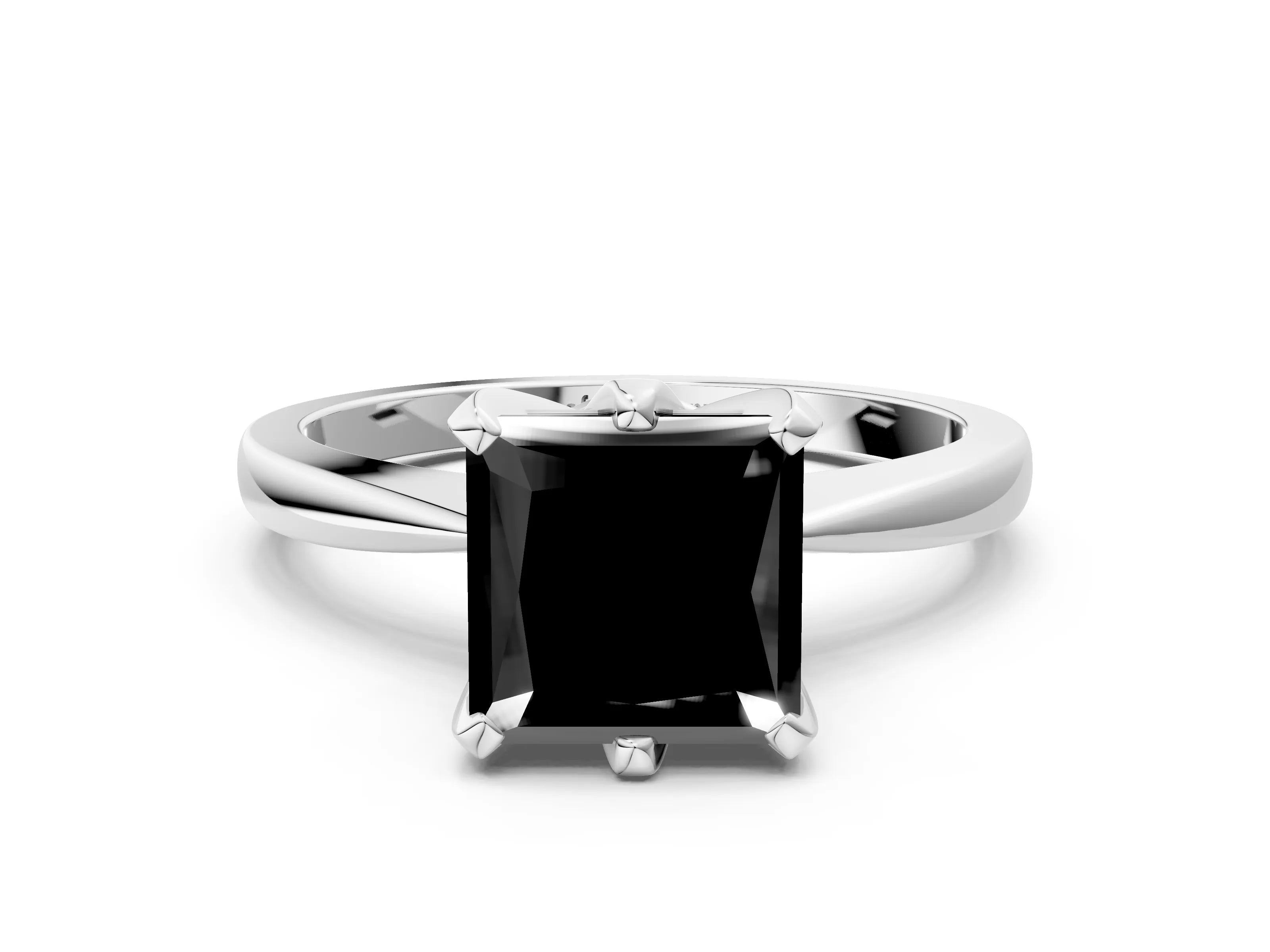 White gold Fancy Black Princess Cut Solitaire Engagement Ring with Six-Prong Setting and Tapered Band