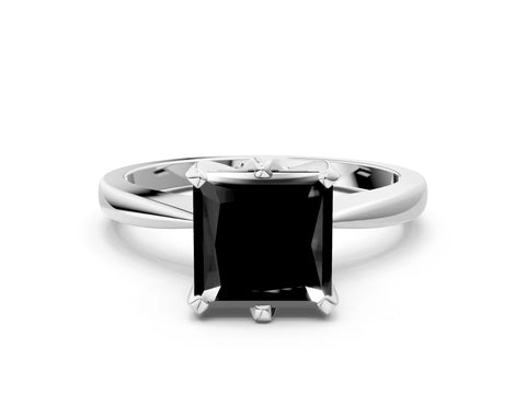 White gold Fancy Black Princess Cut Solitaire Engagement Ring with Six-Prong Setting and Tapered Band