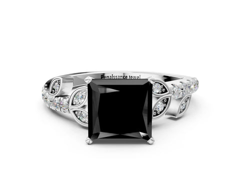 White gold Fancy Black Princess Cut Solitaire Leaf-Inspired Diamond Ring with Pavé Band and Four-Prong Setting_10