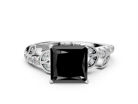 White gold Fancy Black Princess Cut Solitaire Leaf-Inspired Diamond Ring with Pavé Band and Four-Prong Setting_12