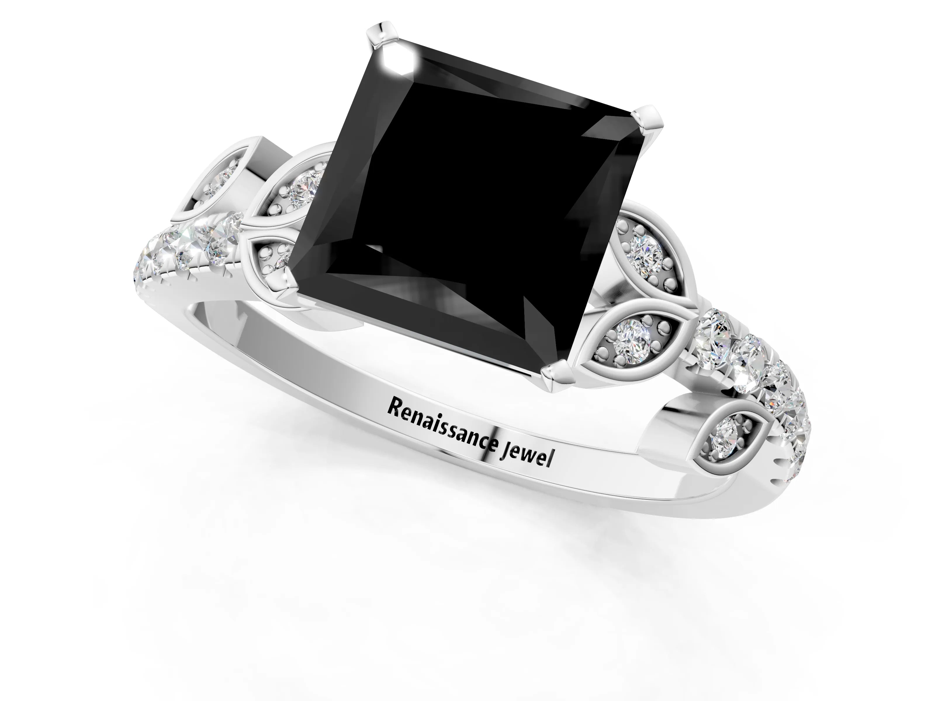White gold Fancy Black Princess Cut Solitaire Leaf-Inspired Diamond Ring with Pavé Band and Four-Prong Setting_13