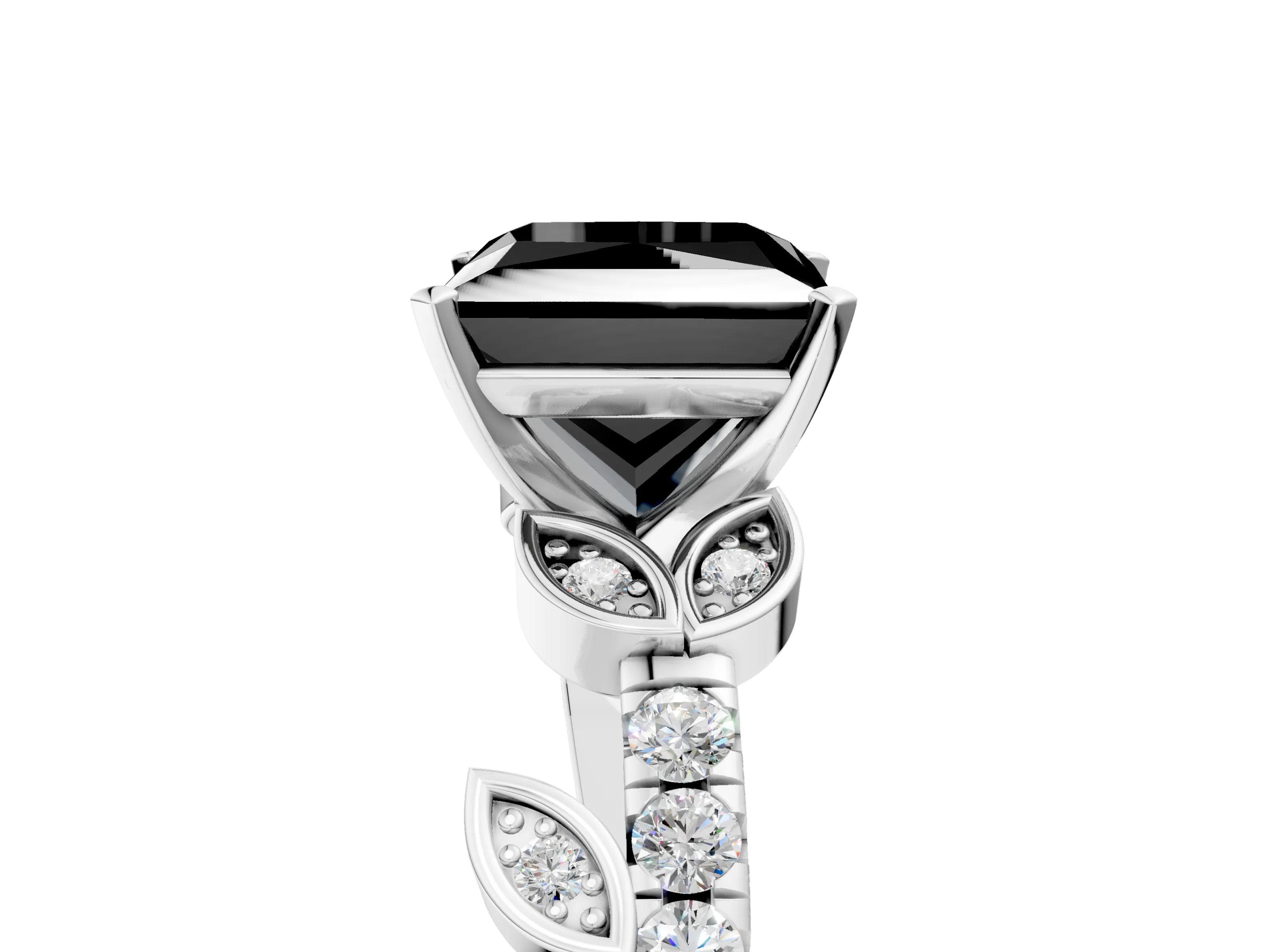 White gold Fancy Black Princess Cut Solitaire Leaf-Inspired Diamond Ring with Pavé Band and Four-Prong Setting_17