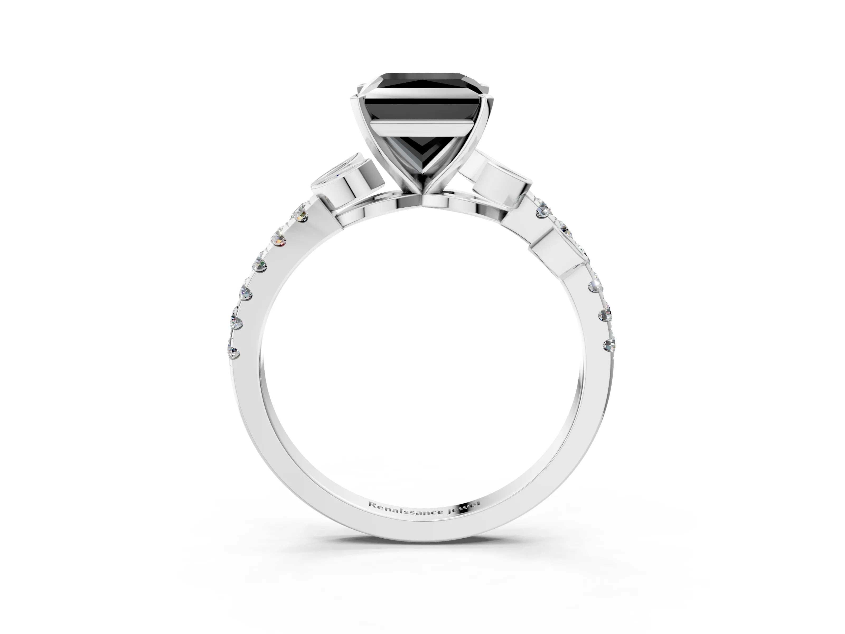 White gold Fancy Black Princess Cut Solitaire Leaf-Inspired Diamond Ring with Pavé Band and Four-Prong Setting_3