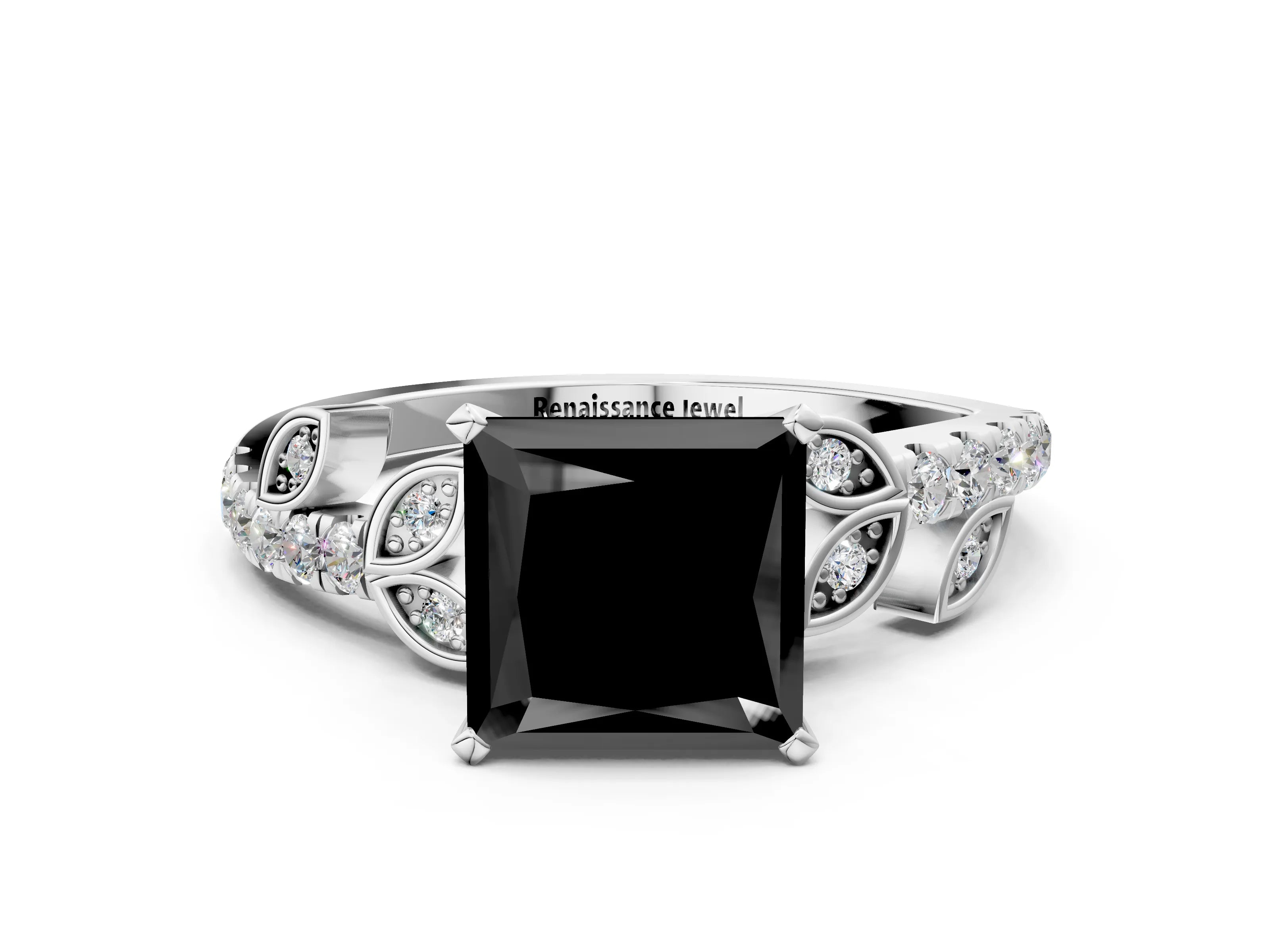 White gold Fancy Black Princess Cut Solitaire Leaf-Inspired Diamond Ring with Pavé Band and Four-Prong Setting_30