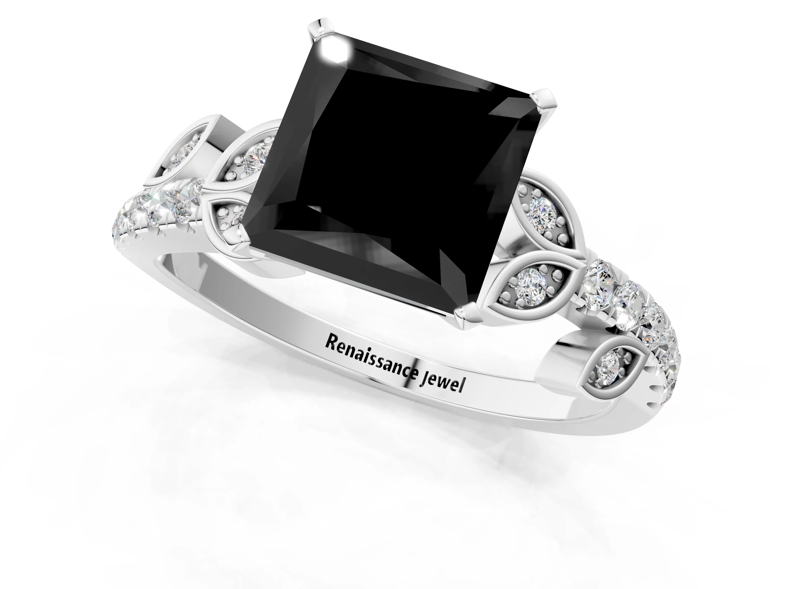White gold Fancy Black Princess Cut Solitaire Leaf-Inspired Diamond Ring with Pavé Band and Four-Prong Setting_31