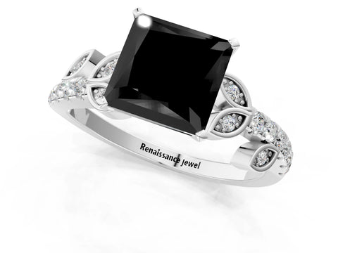 White gold Fancy Black Princess Cut Solitaire Leaf-Inspired Diamond Ring with Pavé Band and Four-Prong Setting_31