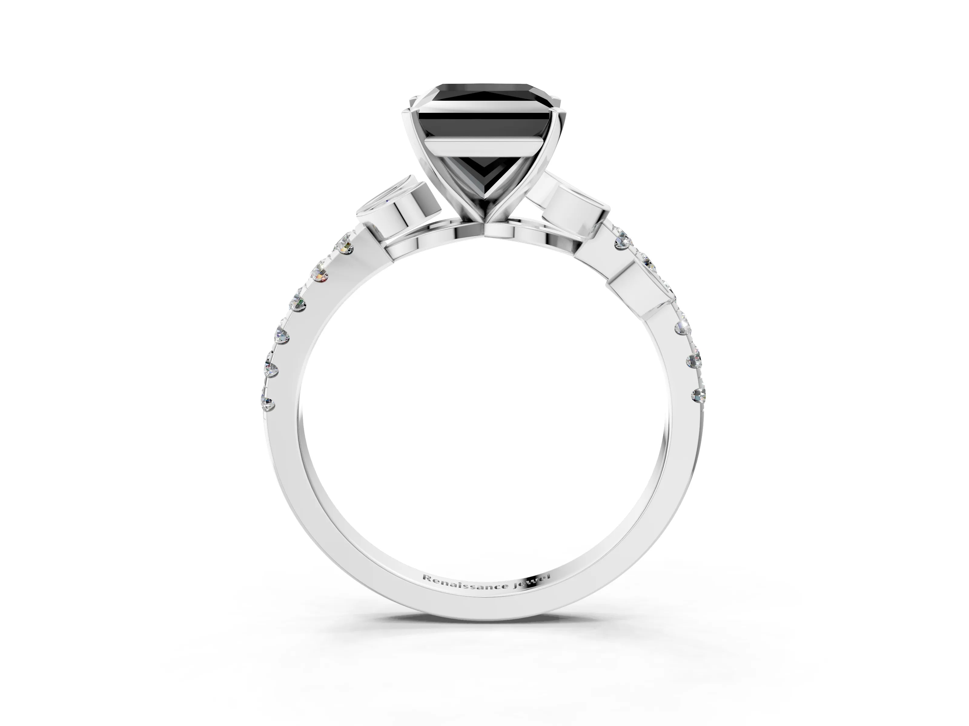 White gold Fancy Black Princess Cut Solitaire Leaf-Inspired Diamond Ring with Pavé Band and Four-Prong Setting_33