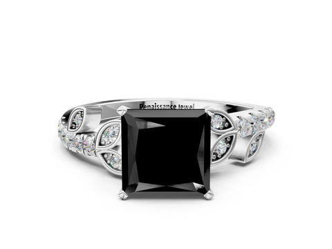 White gold Fancy Black Princess Cut Solitaire Leaf-Inspired Diamond Ring with Pavé Band and Four-Prong Setting_34