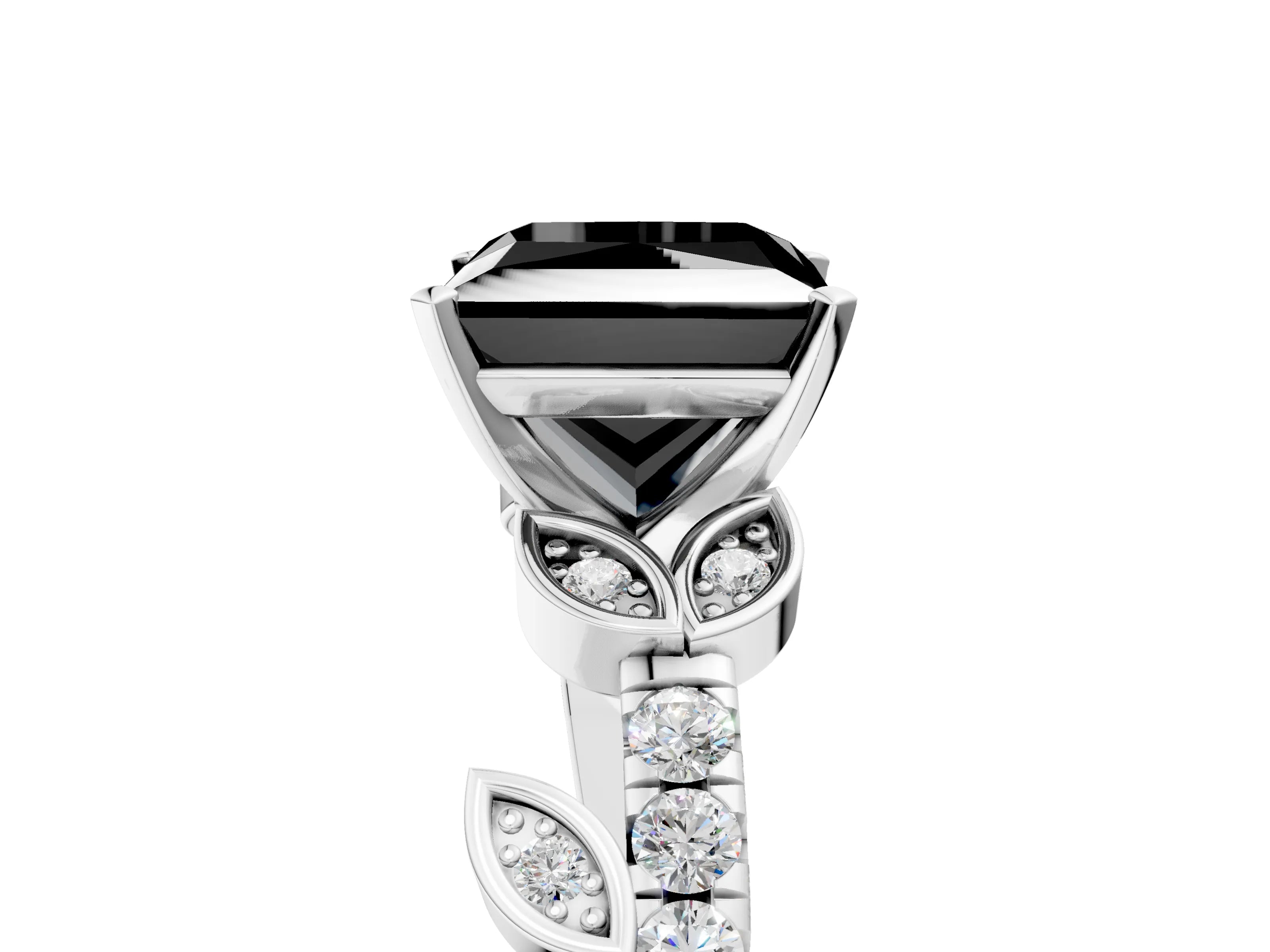 White gold Fancy Black Princess Cut Solitaire Leaf-Inspired Diamond Ring with Pavé Band and Four-Prong Setting_35