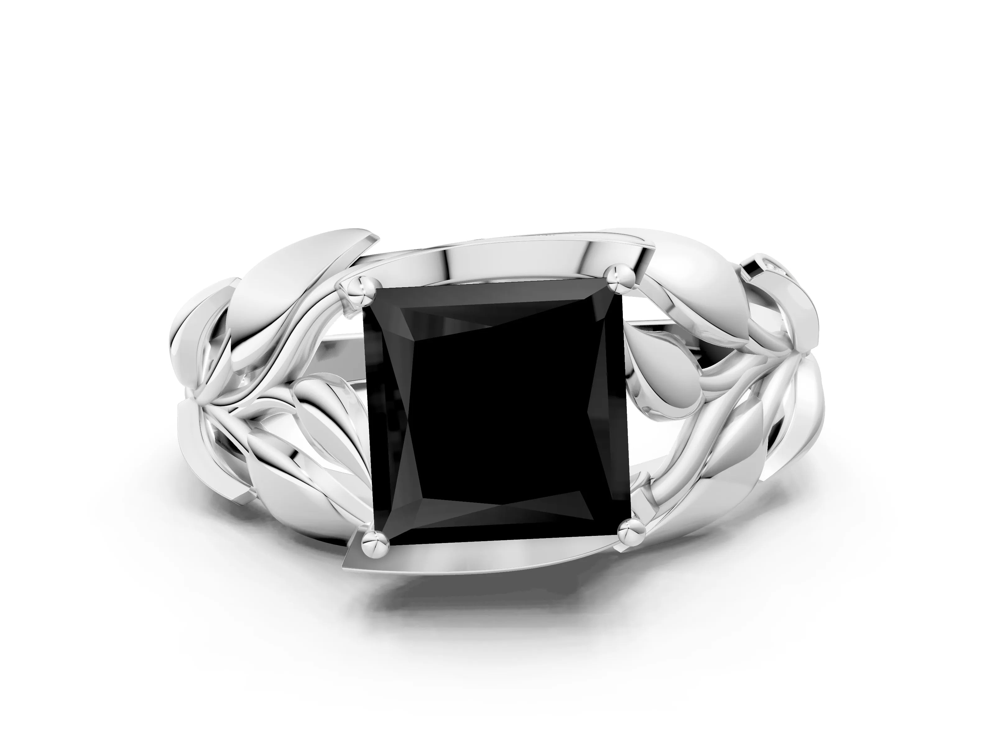 White gold Fancy Black Princess Cut Solitaire Leaf-Inspired Engagement Ring with Prong Setting