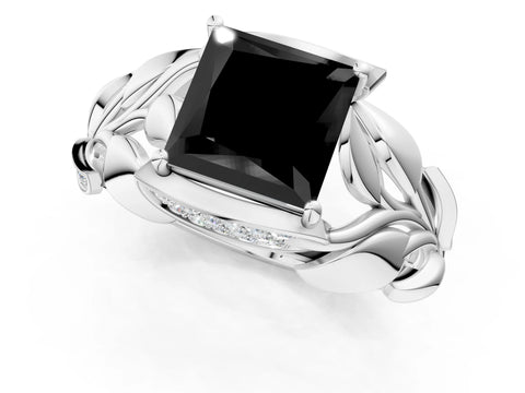 White gold Fancy Black Princess Cut Solitaire Leaf-Inspired Engagement Ring with Prong Setting_1
