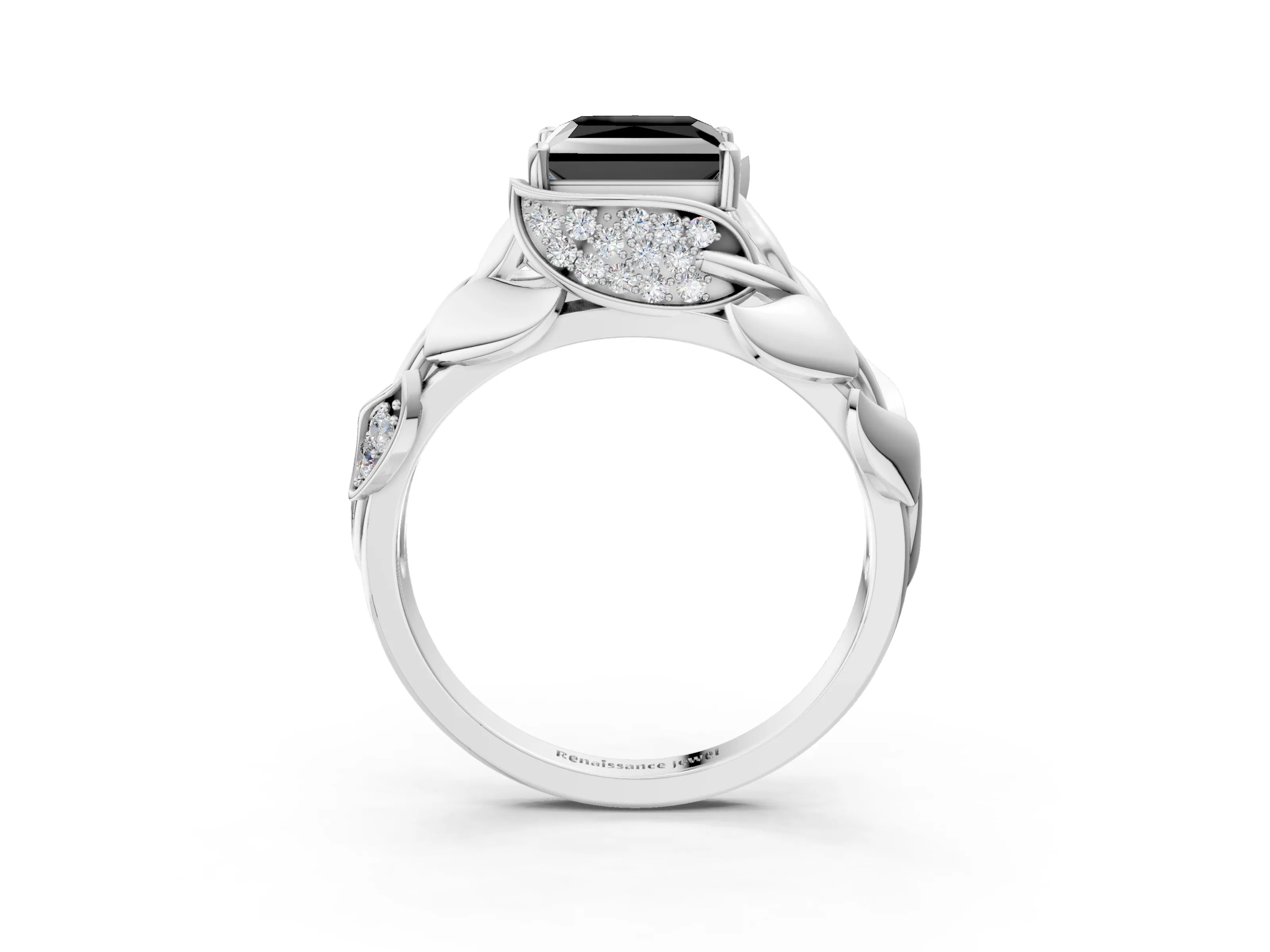 White gold Fancy Black Princess Cut Solitaire Leaf-Inspired Engagement Ring with Prong Setting_3