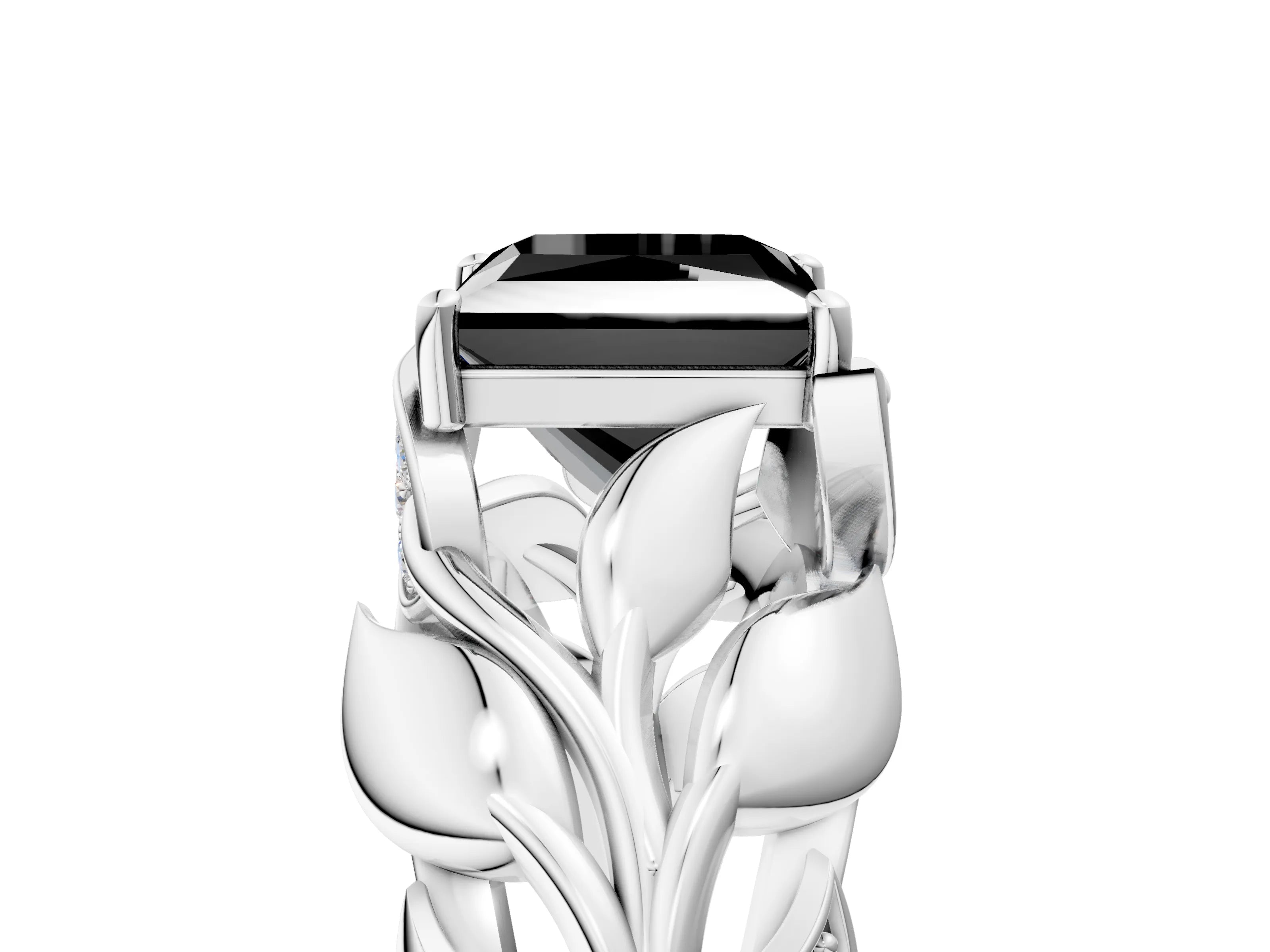White gold Fancy Black Princess Cut Solitaire Leaf-Inspired Engagement Ring with Prong Setting_5