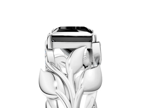 White gold Fancy Black Princess Cut Solitaire Leaf-Inspired Engagement Ring with Prong Setting_5