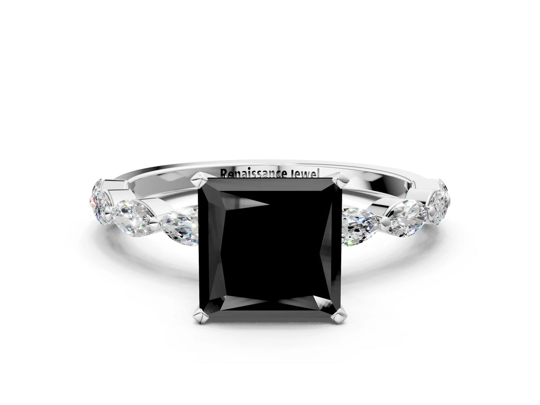 White gold Fancy Black Princess Cut Solitaire Marquise Side Stone Prong Setting Ring