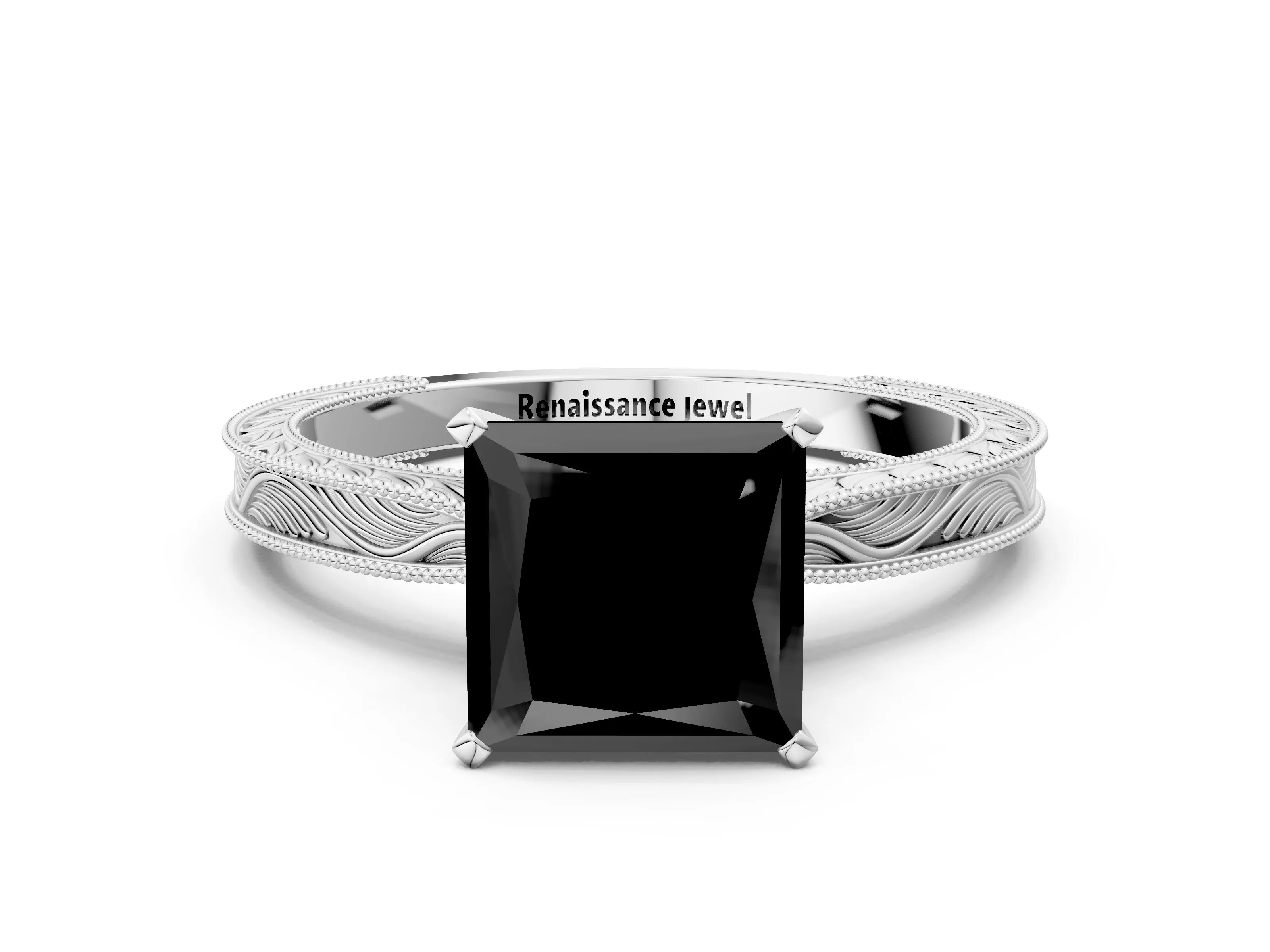 White gold Fancy Black Princess Cut Solitaire Milgrain Engraved Band with Four-Prong Setting_12
