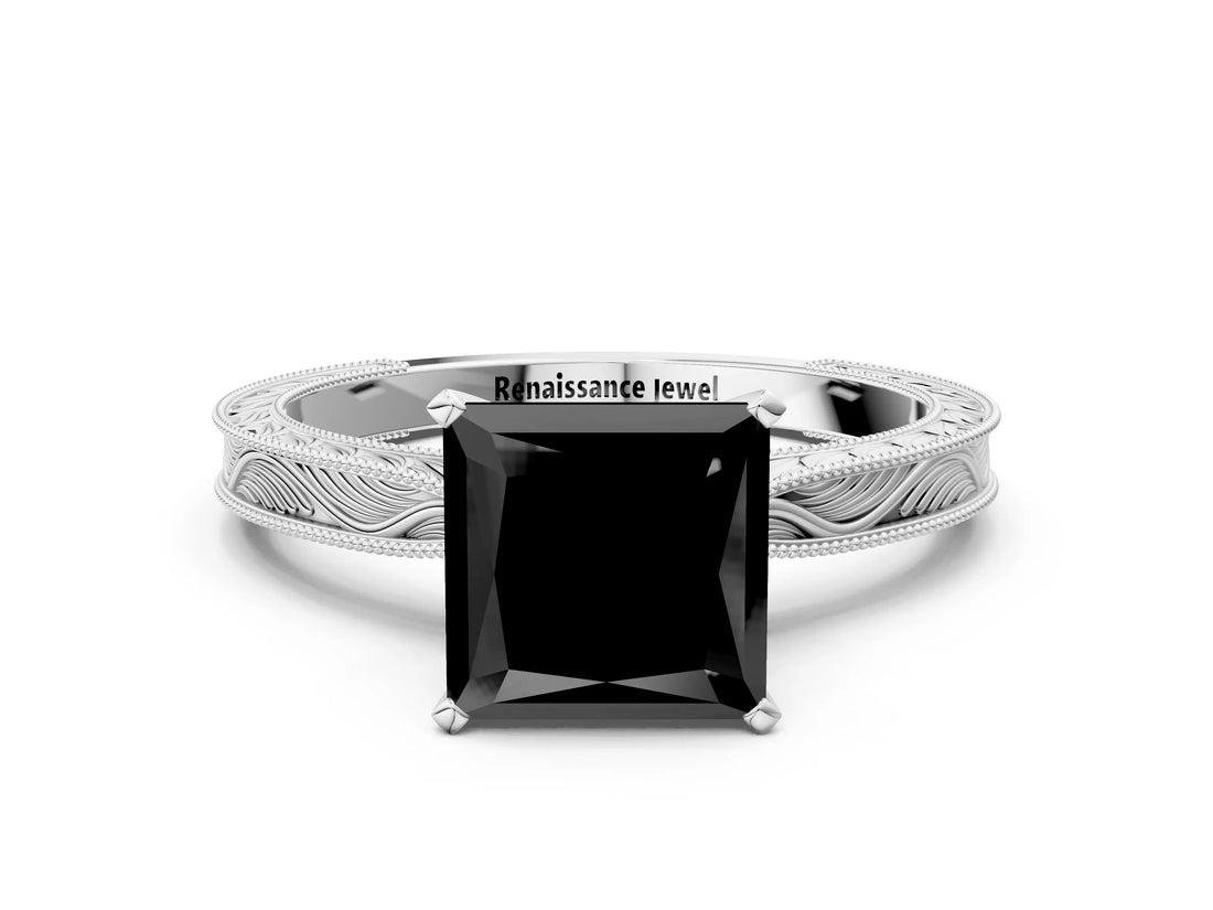 White gold Fancy Black Princess Cut Solitaire Milgrain Engraved Band with Four-Prong Setting_12