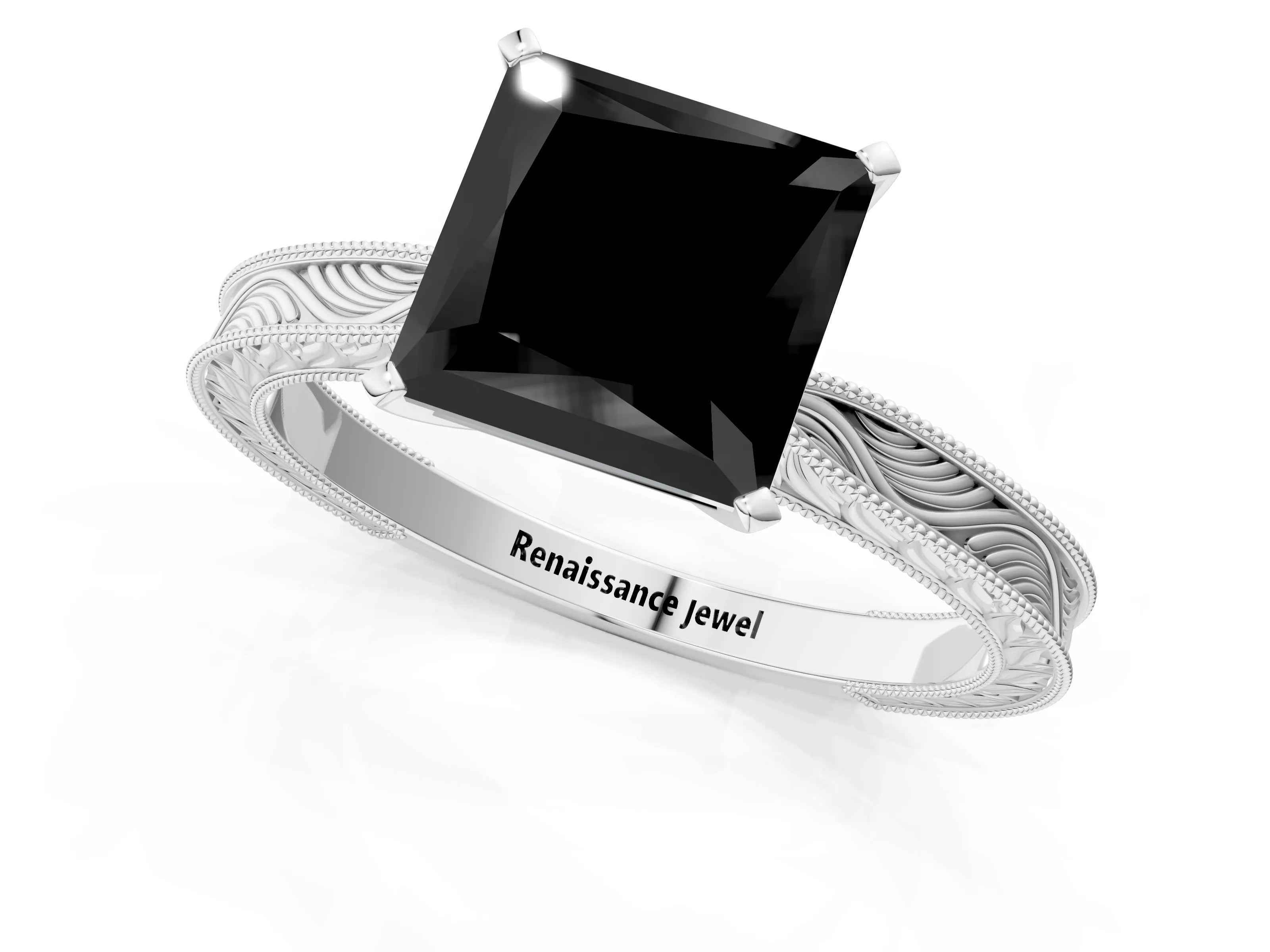White gold Fancy Black Princess Cut Solitaire Milgrain Engraved Band with Four-Prong Setting_13
