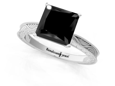 White gold Fancy Black Princess Cut Solitaire Milgrain Engraved Band with Four-Prong Setting_13
