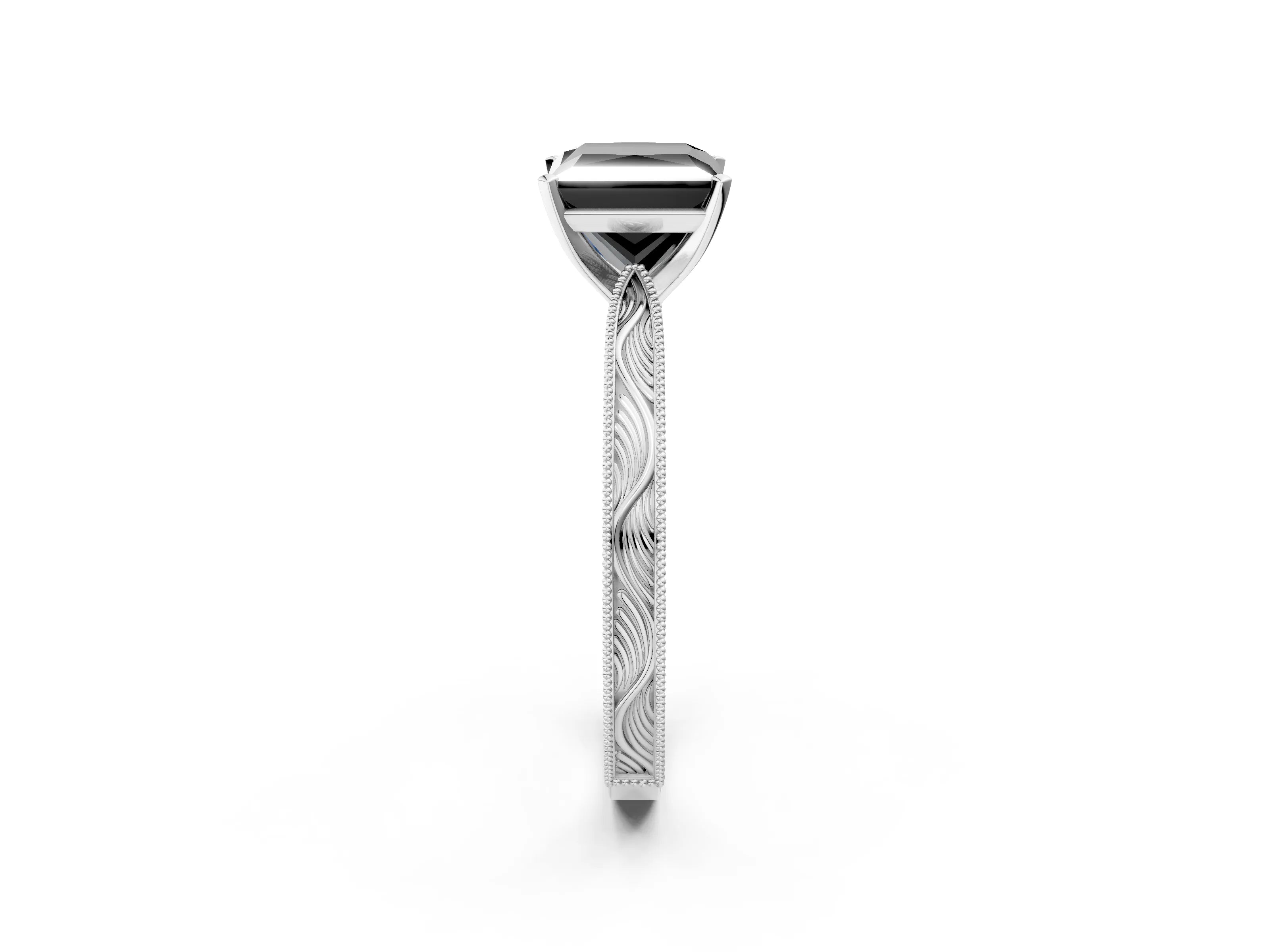 White gold Fancy Black Princess Cut Solitaire Milgrain Engraved Band with Four-Prong Setting_14