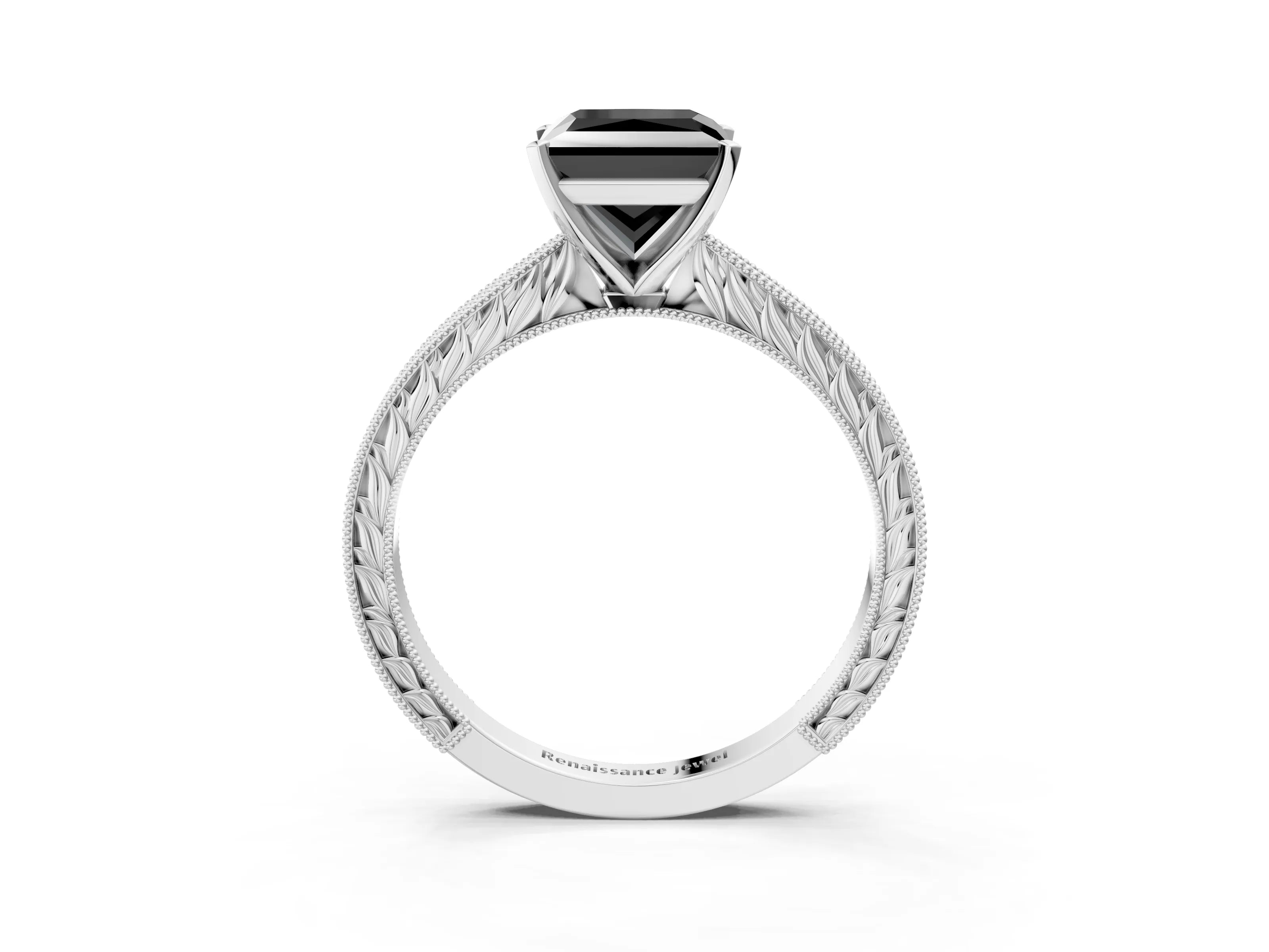 White gold Fancy Black Princess Cut Solitaire Milgrain Engraved Band with Four-Prong Setting_15
