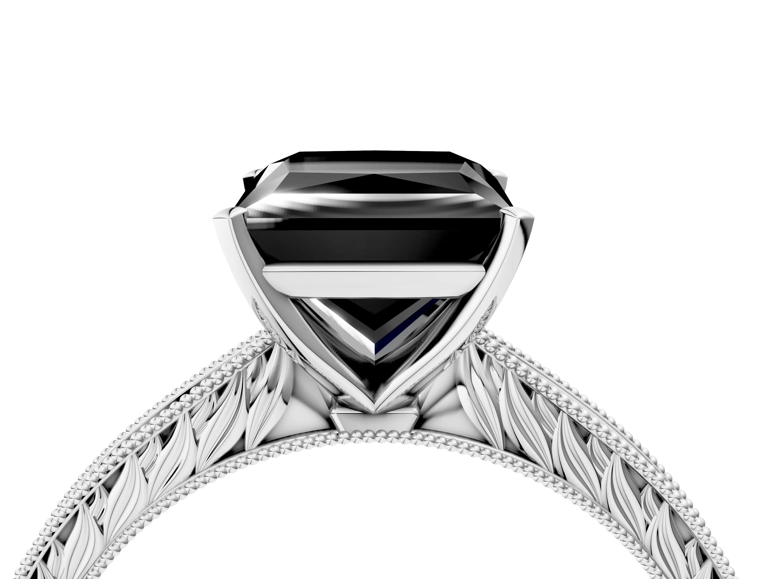 White gold Fancy Black Princess Cut Solitaire Milgrain Engraved Band with Four-Prong Setting_16