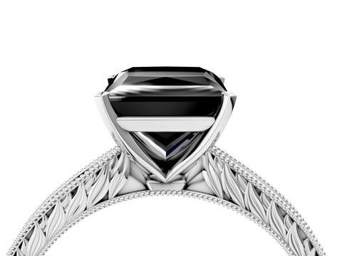 White gold Fancy Black Princess Cut Solitaire Milgrain Engraved Band with Four-Prong Setting_16