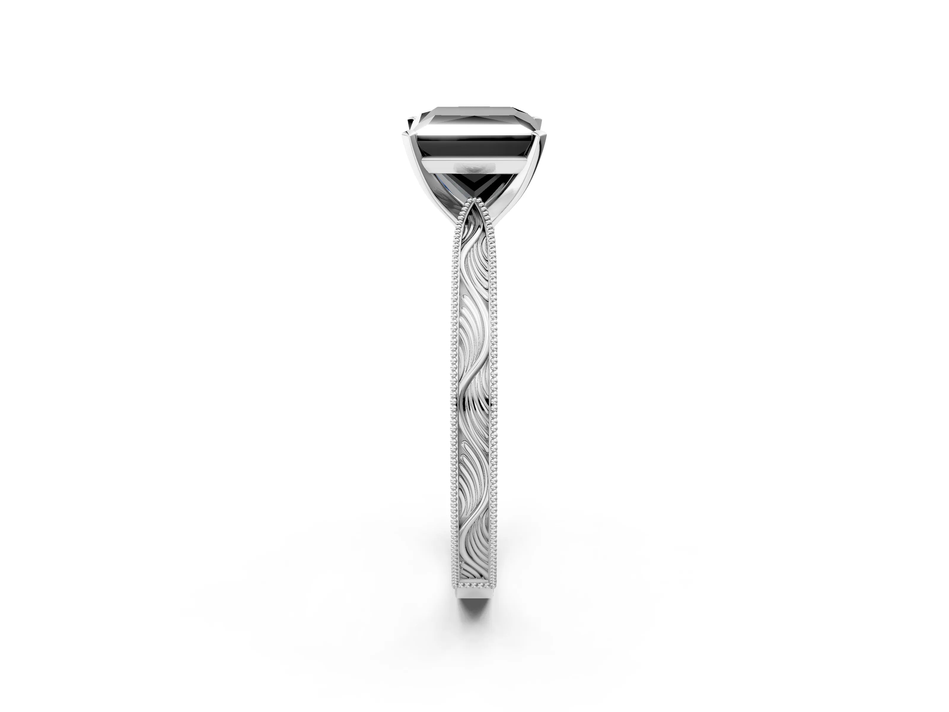 White gold Fancy Black Princess Cut Solitaire Milgrain Engraved Band with Four-Prong Setting_2