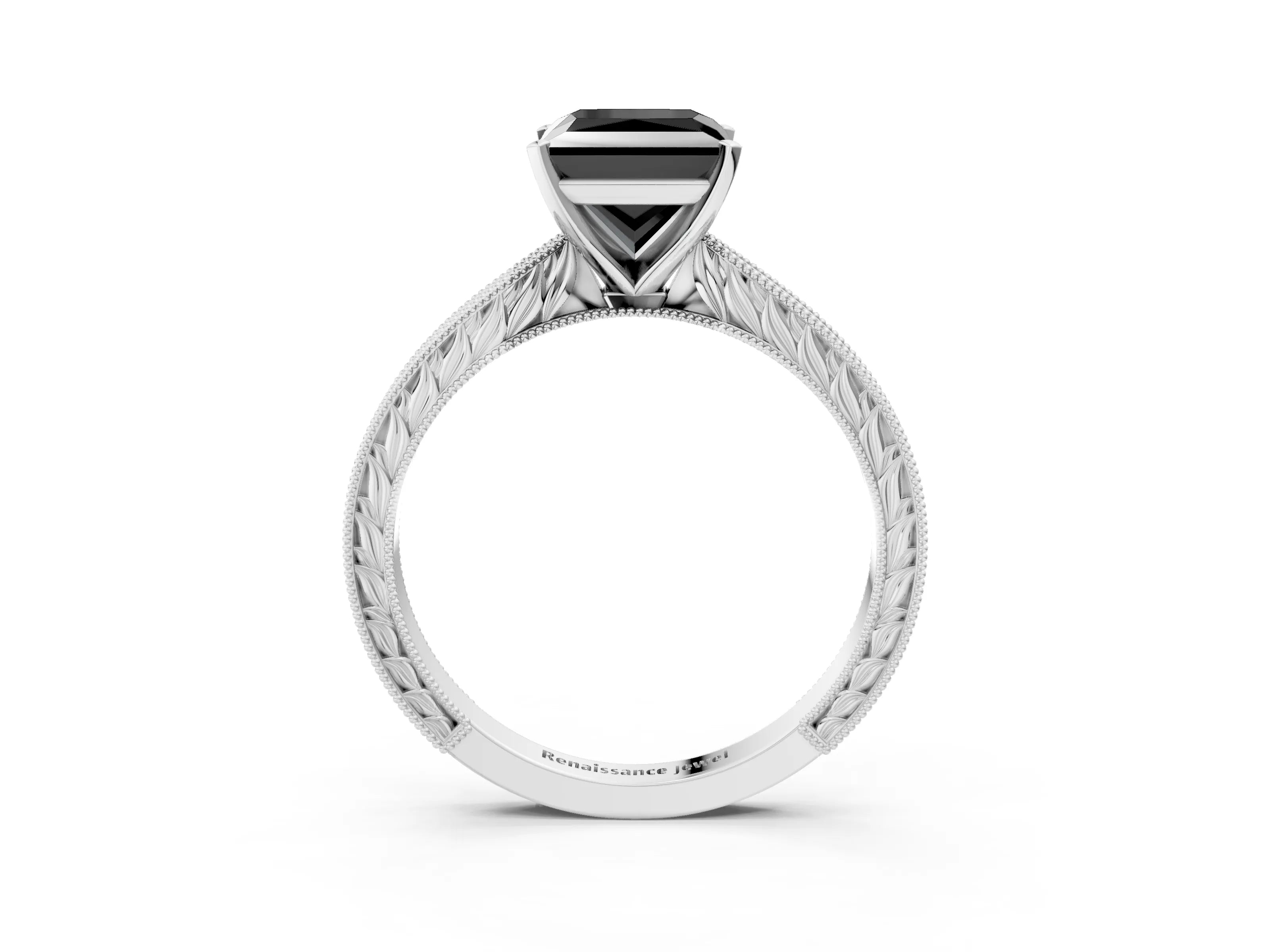 White gold Fancy Black Princess Cut Solitaire Milgrain Engraved Band with Four-Prong Setting_3