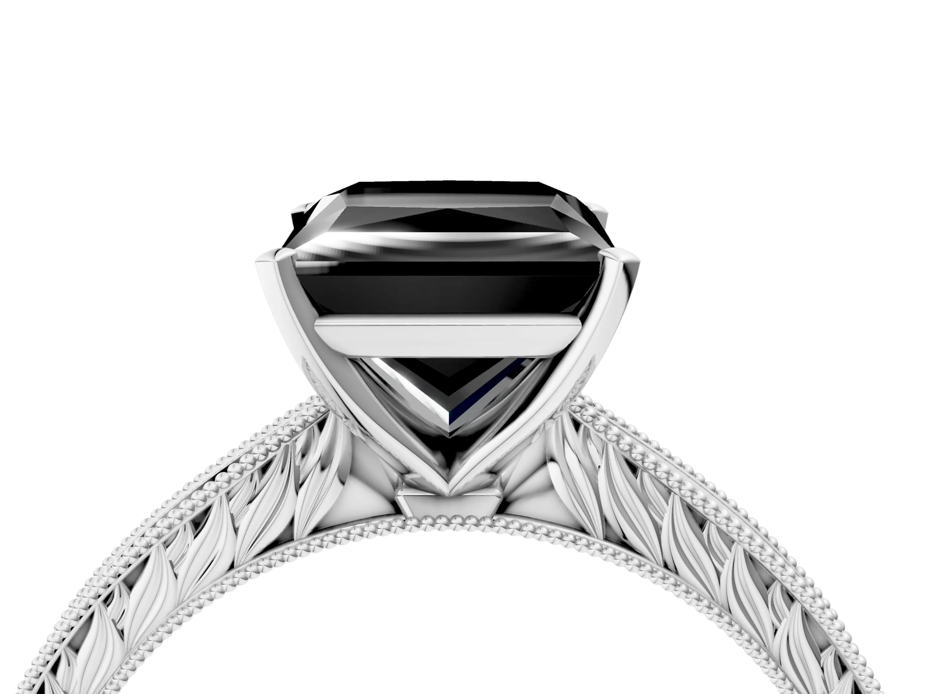 White gold Fancy Black Princess Cut Solitaire Milgrain Engraved Band with Four-Prong Setting_4